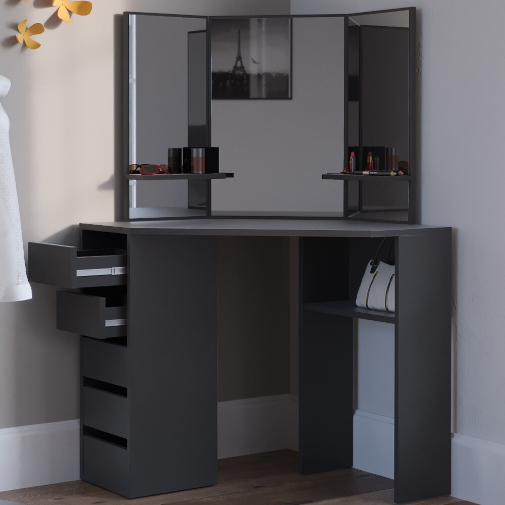Vicco Eckschminktisch Frisiertisch Schminkkommode Arielle Schwarz Spiegel 110x145 cm modern Schlafzimmer Kommode Schublade Ablage Aufbewahrung Kosmetiktisch Schminkkonsole Make-Up-Tisch