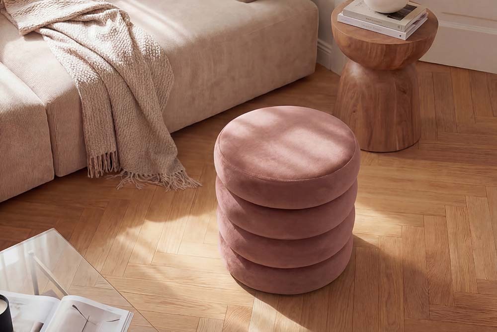 Runder Polsterhocker VOGUE 40cm rosé Samt mit Stauraum