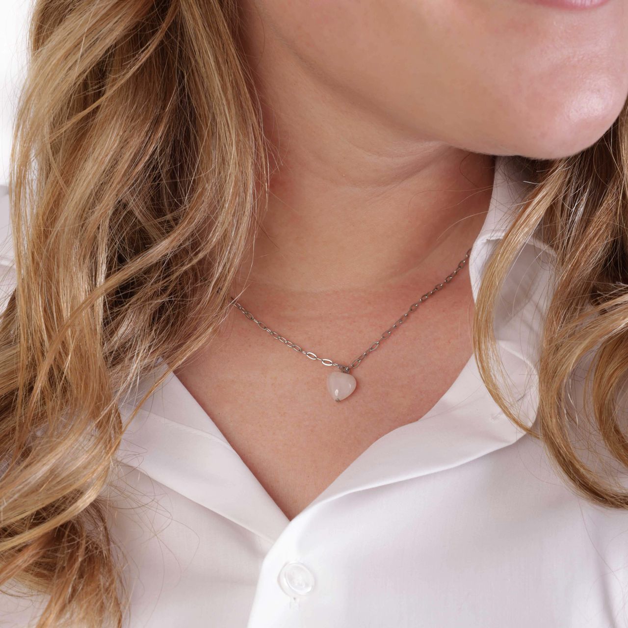 Stalen ketting met hartje rozenkwarts
