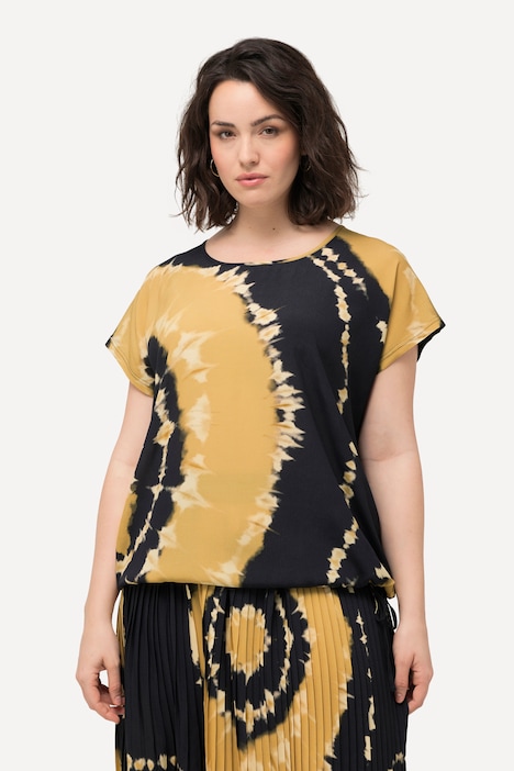 Blusenshirt, Batikdruck, Saumband, Rundhals, Halbarm