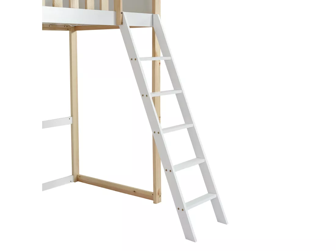Lit superposé 90x200cm en bois - avec escaliert brrières de sécurité - Blanc & Naturel