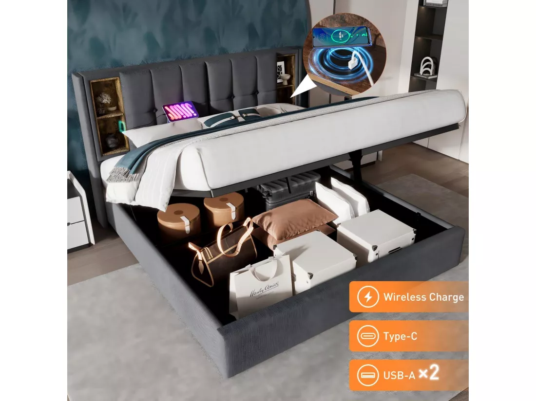 Lit coffre rembourré en coton 2 place, 140x200cm, avec charge sans fil USB et 4 tiroirs, Gris