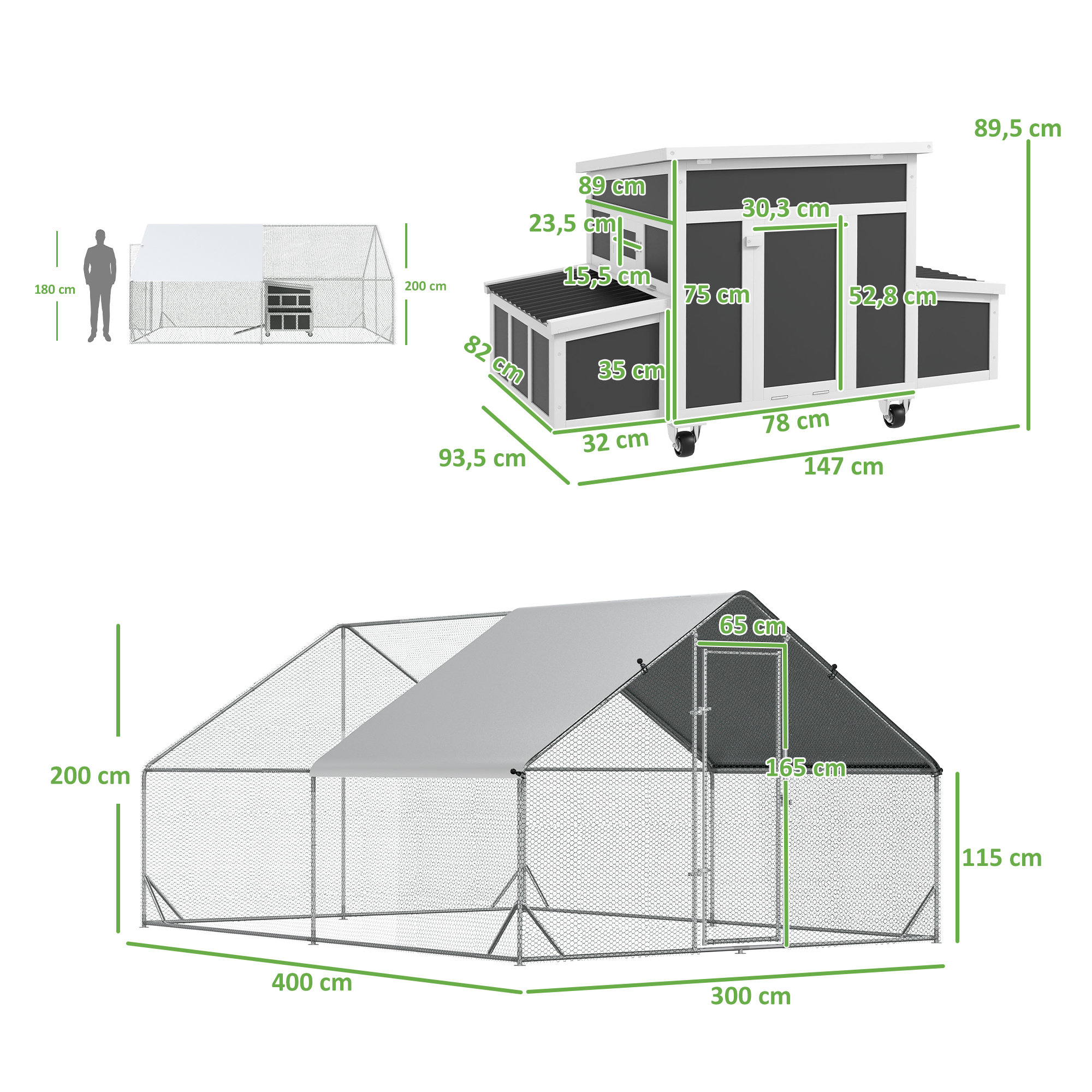 Conjunto PawHut composto por 1 galinheiro de madeira com 2 ninhos, bandeja removível (150x100x96,5 cm) e 1 galinheiro grande de aço galvanizado para exterior (3x8x2 m).