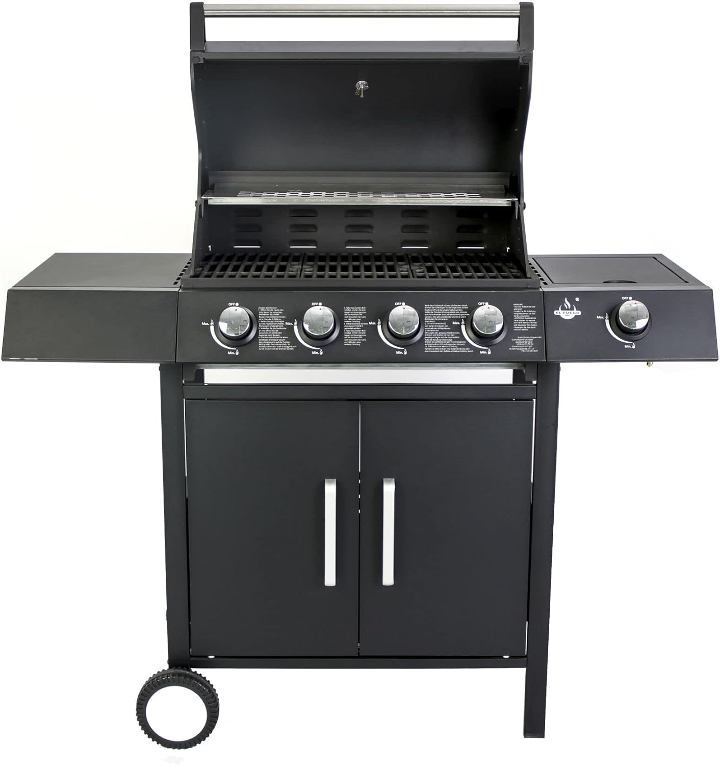 Gasgrill 'SAN ANGELO 4+1' von El Fuego® | 4 Hauptbrenner + 1 Seitenbrenner | Edelstahl, inkl. Gasschlauch und Druckminderer | Grill Smoker Grillwagen BBQ | AY 582