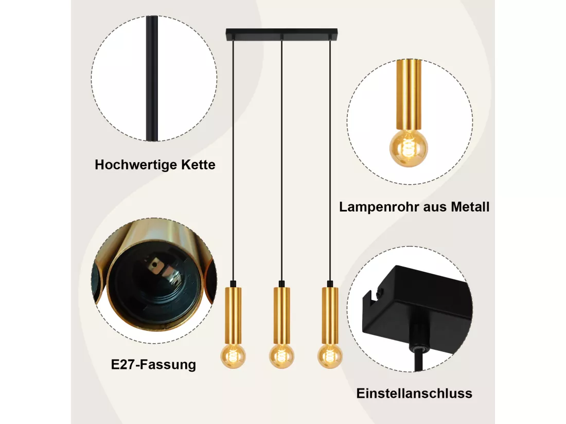 NETTLIFE Suspension or 3 ampoules lampe suspendue - lampe suspendue table à manger E27 industrielle métal suspendue