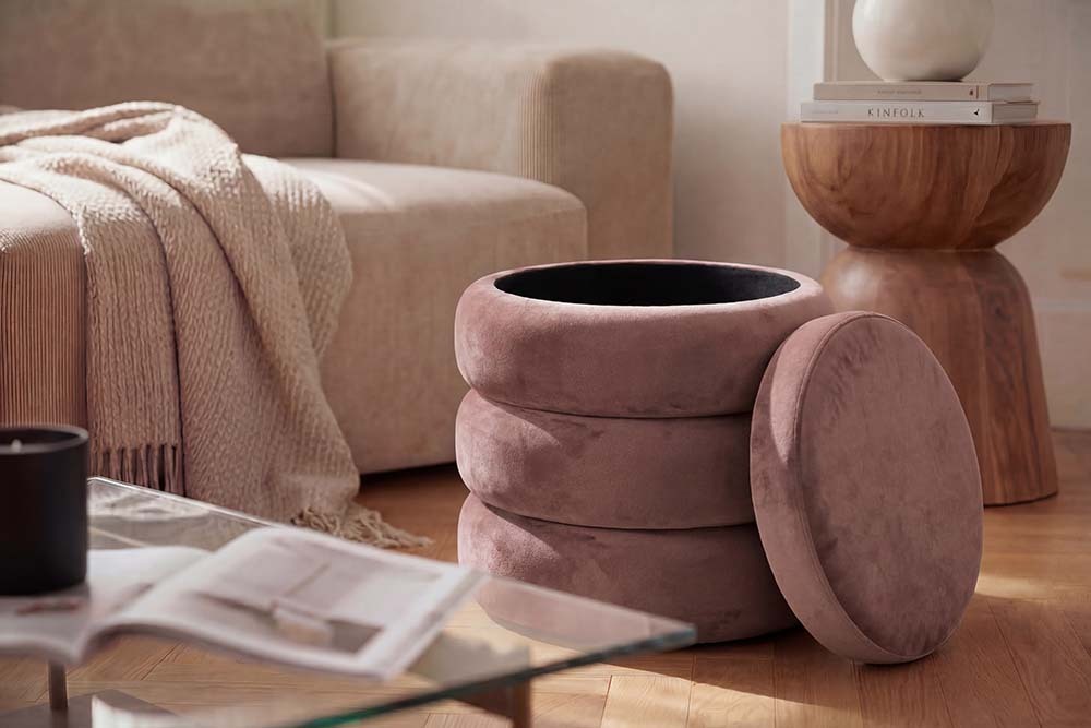 Runder Polsterhocker VOGUE 40cm rosé Samt mit Stauraum