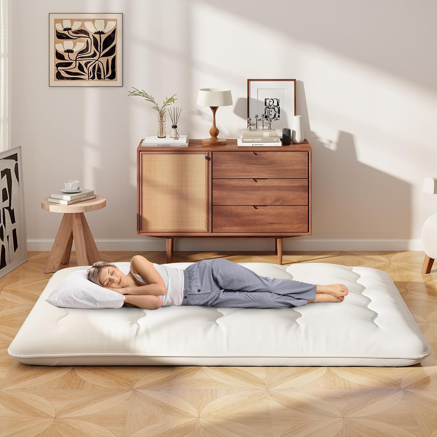 COSTWAY Japanische Futon Matratze, Tatami-Matte, Bodenmatratze, Klappmatratze mit waschbarem Bezug, Faltbare Schlafmatte mit Tragetasche, 140 x 200 cm, Beige