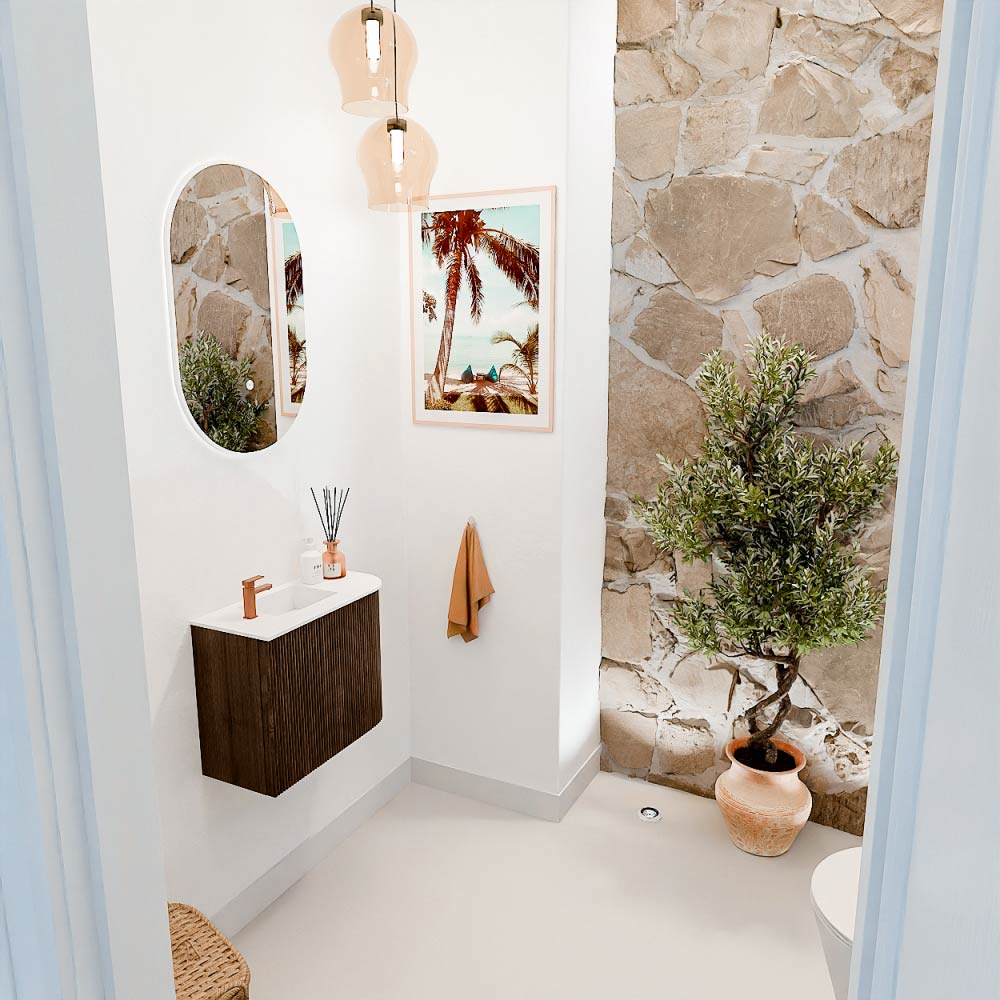Mondiaz Joya 50cm toiletmeubel ronding rechts walnut met wastafel faye links 1 kraangat talc