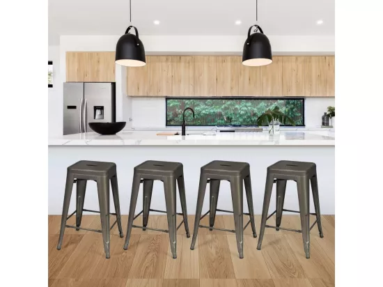 Lot 4 Tabourets de Bar Empilable en Métal avec Dossier Bas Amovible, Hauteur d'Assise 60 CM, Pieds en Caoutchouc Antidérapants, Tabourets Hauts de Bar pour Bistrot, Cuisine, Café