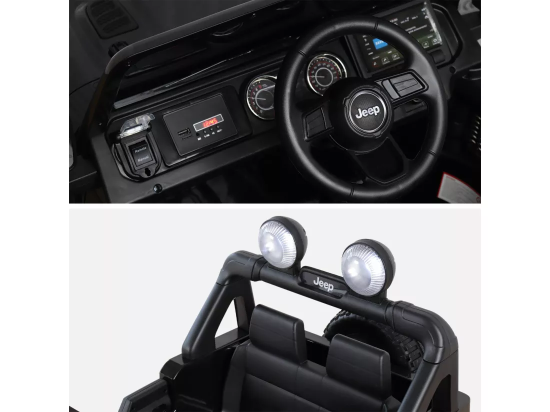 Voiture électrique 12V pour enfant - JEEP Wrangler Rubicon 2 roues motrices. noire. 1 place. avec autoradio. télécommande. MP3. port USB / carte SD. prise jack et phares fonctionnels