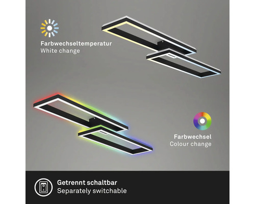 Dimbare LED-plafondlamp, 2 x 21 W, 2500 lm, 2700 K-6500 K CCT RGB, 10 x 119,5 x 27,5 cm, zwart, met nachtlampfunctie, geheugenfunctie en afstandsbediening.