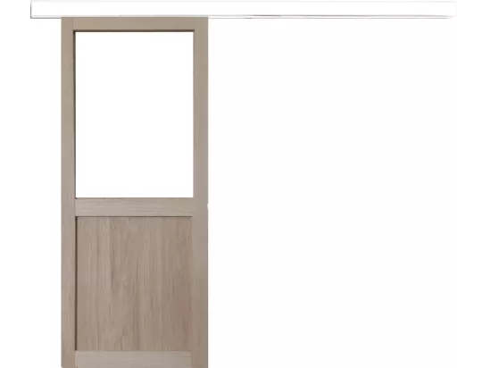 Porte Coulissante Atelier Placage Chene Vitree H204 X L73 + Rail Aluminium Bandeau Blanc Gd Menuiseries