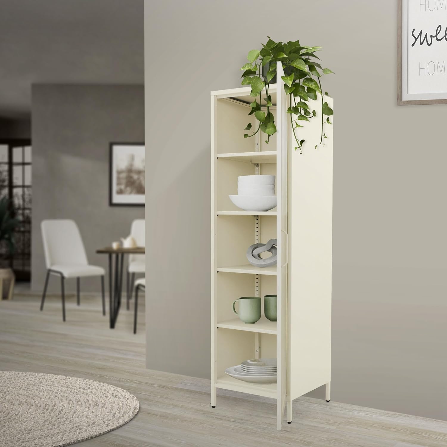 ML-Design Vitrinenschrank 45x145x35 cm, Creme, Schmale Vitrine mit 5 Ablagen und 1 Tür, Metallschrank aus Stahl, Küchenschrank Aktenschrank Büroschrank, Hochschrank für Esszimmer, Wohnzimmer, Büro