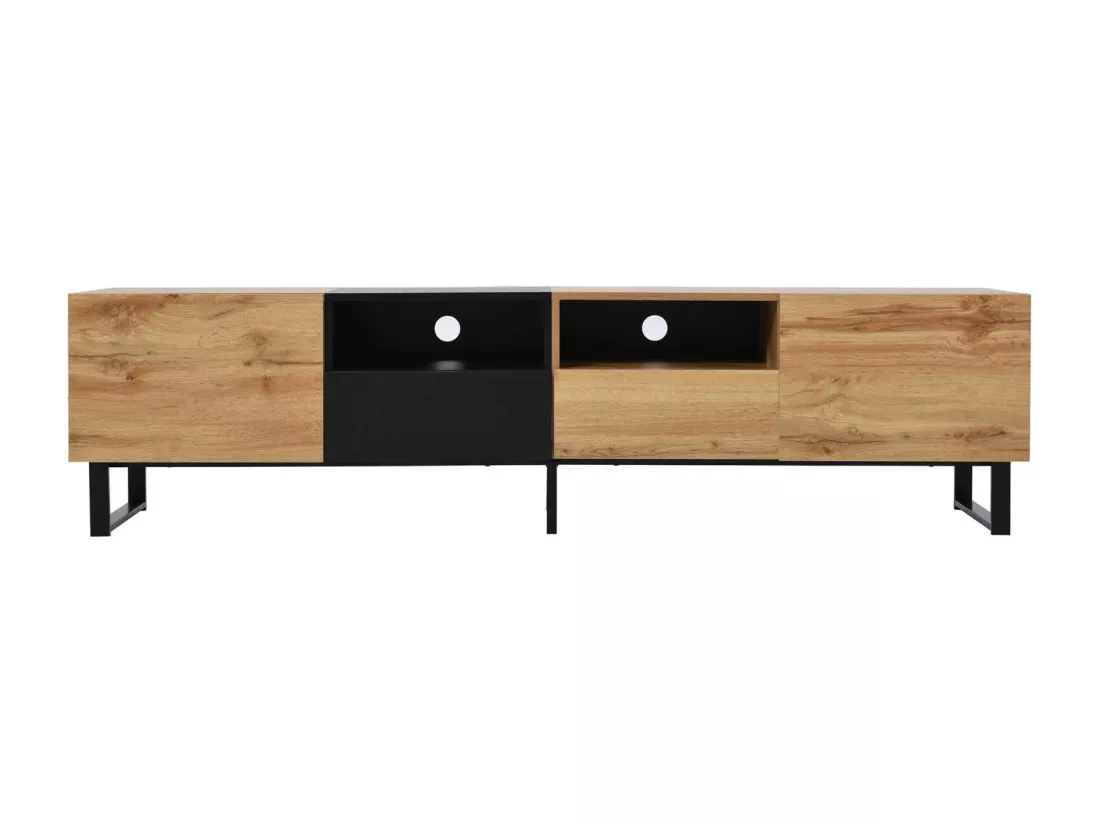 Meuble TV 190cm - 2 portes + 2 tiroirs + 2 compartiments - style industriel - Naturel