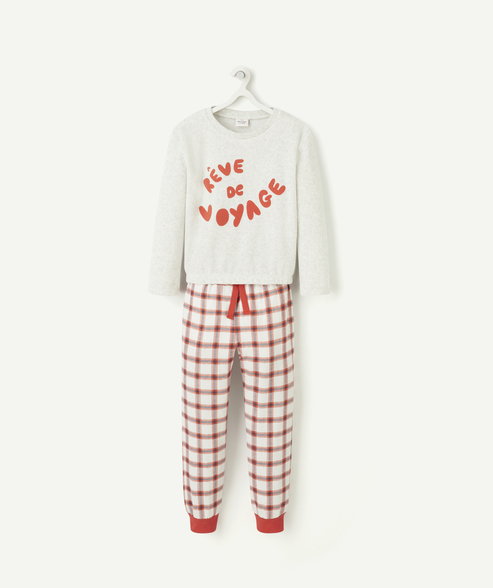 PYJAMA FILLE EN FIBRES RECYCLÉES VELOURS ET IMPRIMÉ CARREAUX ROUGES