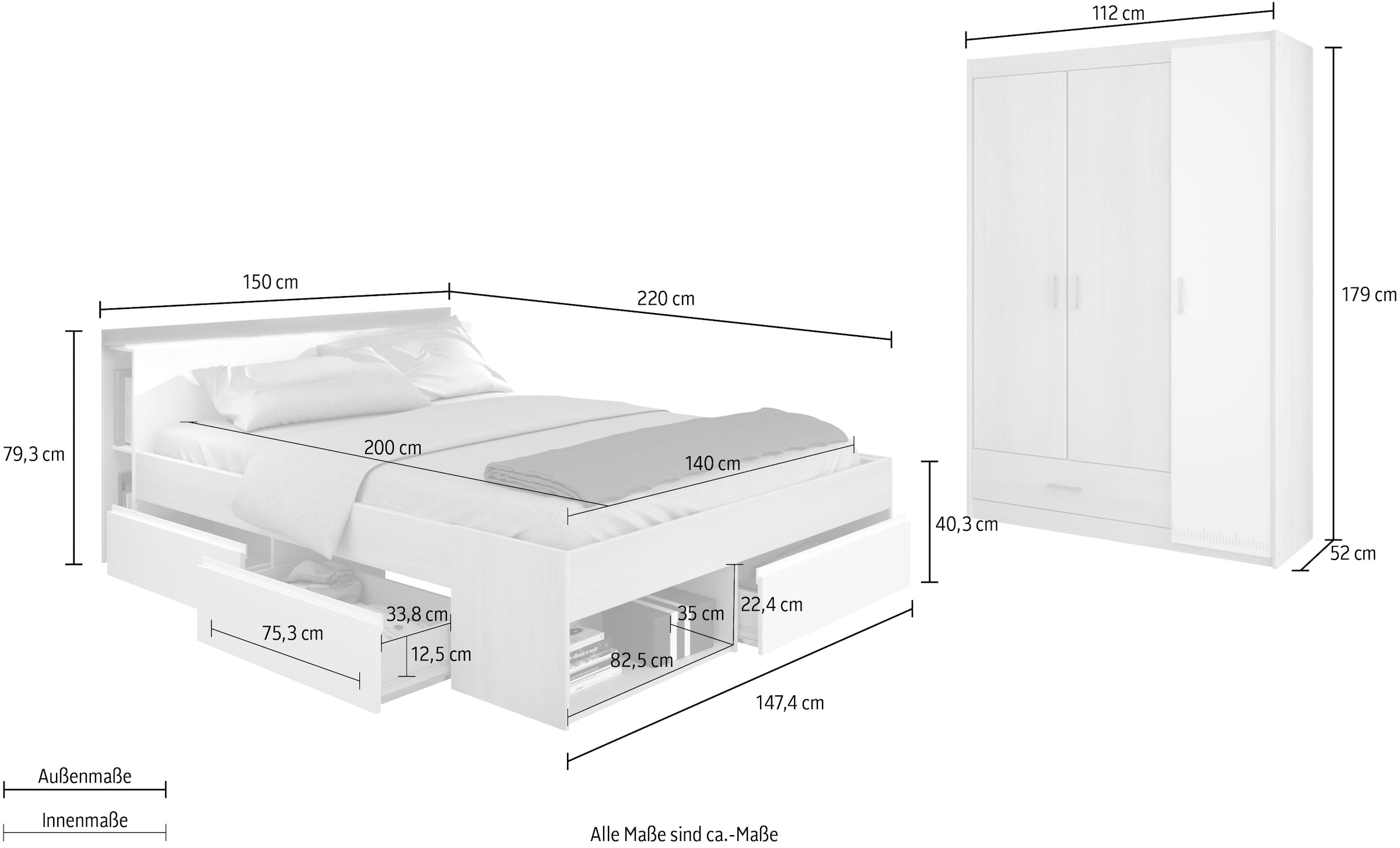 Parisot Jugendzimmer-Set »Most« Set, Bett mit Schubkästen und Kleiderschrank, 2 Stk. tlg.
