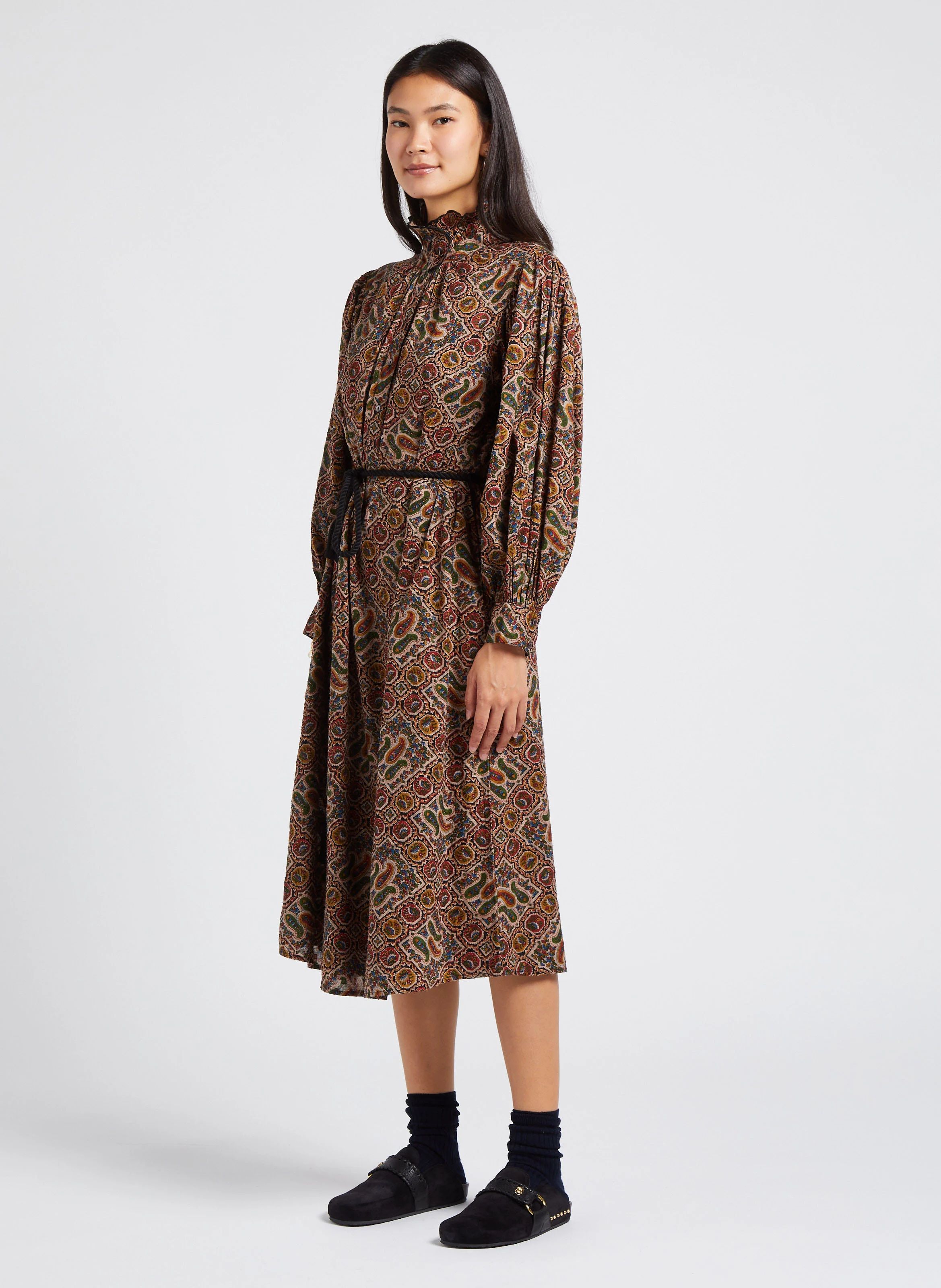 ZINA - Robe longue droite col victorien en coton | Multicolore