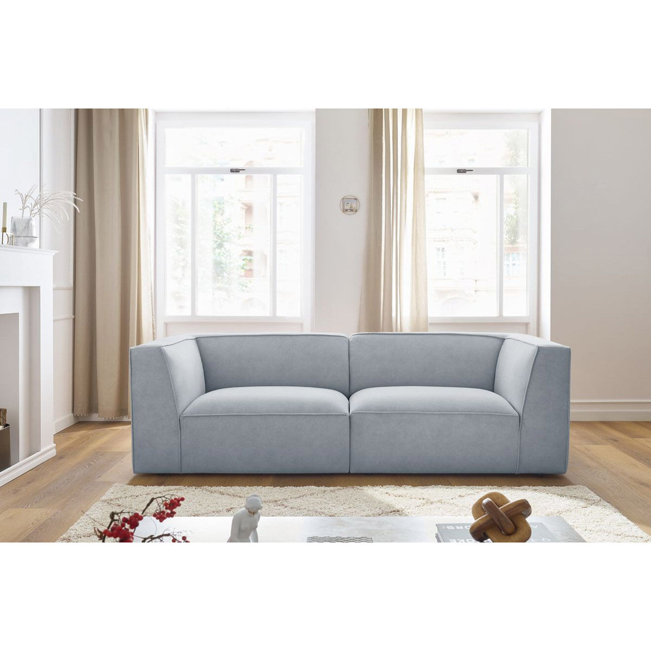 Bobochic Canapé droit fixe 3 places en Velours Molière gris clair - 233x99x71 cm