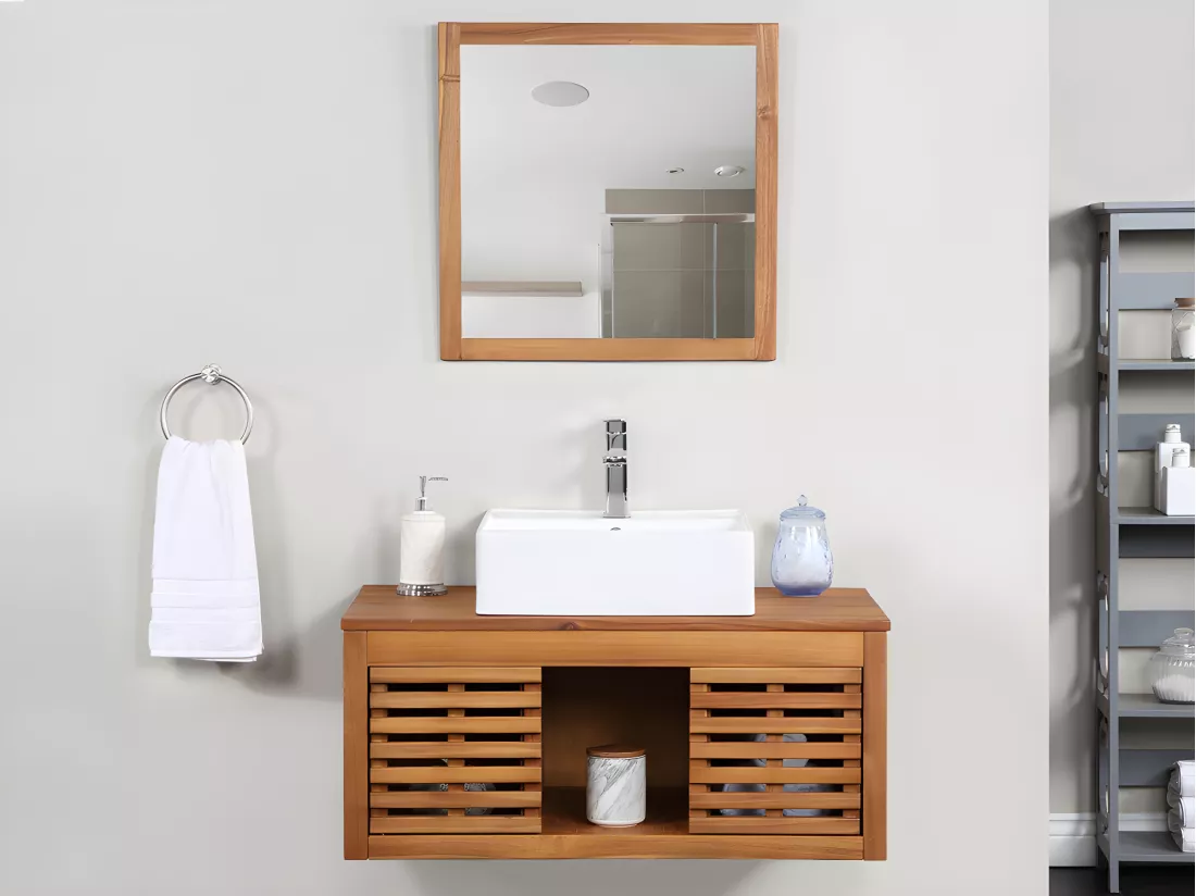 Meuble de salle de bain suspendu en bois d'acacia avec simple vasque et miroir - 90 cm - PENEBEL
