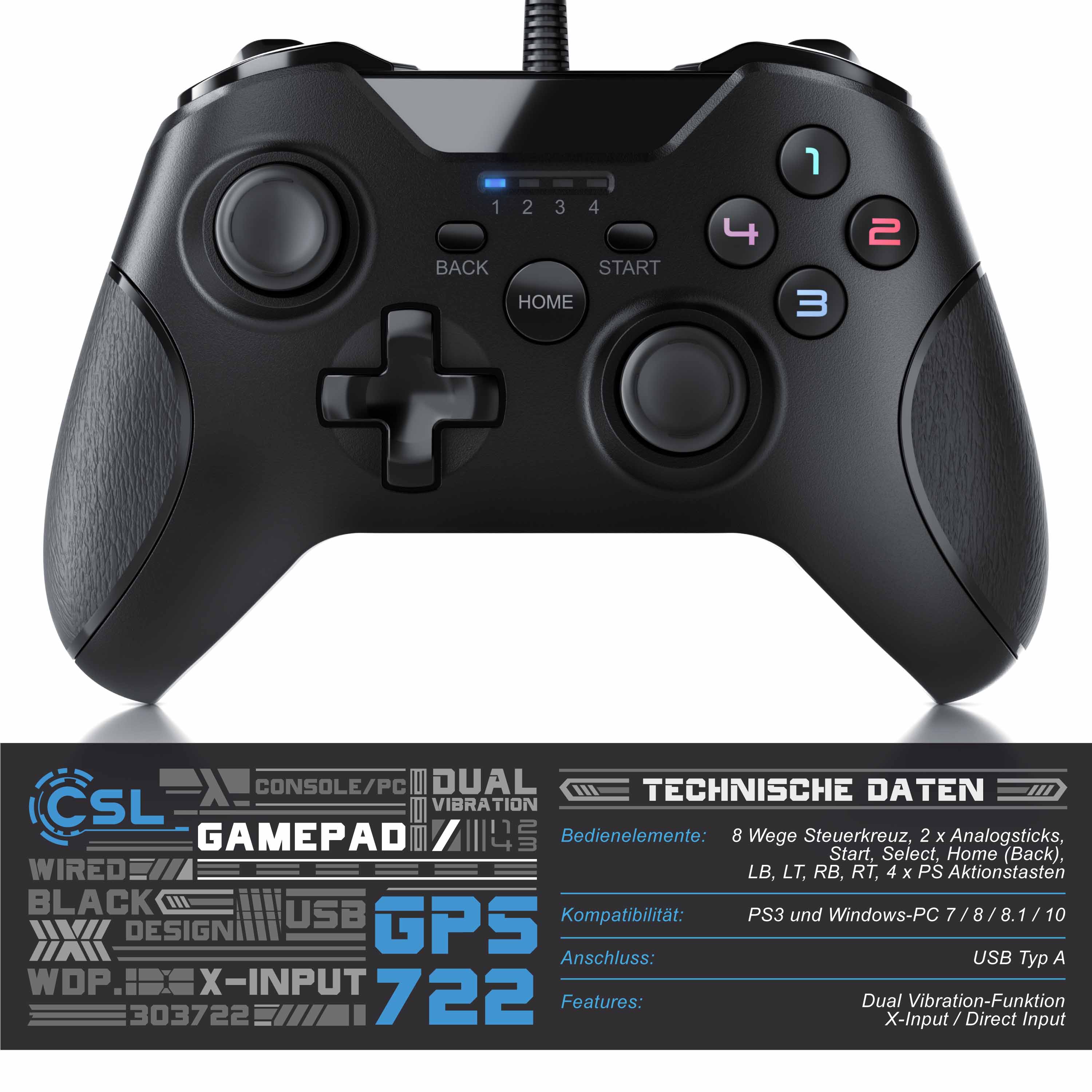 CSL 2x Gamepad für PC und PS3 im Xbox-Design Controller mit hochwertigen Analogsticks