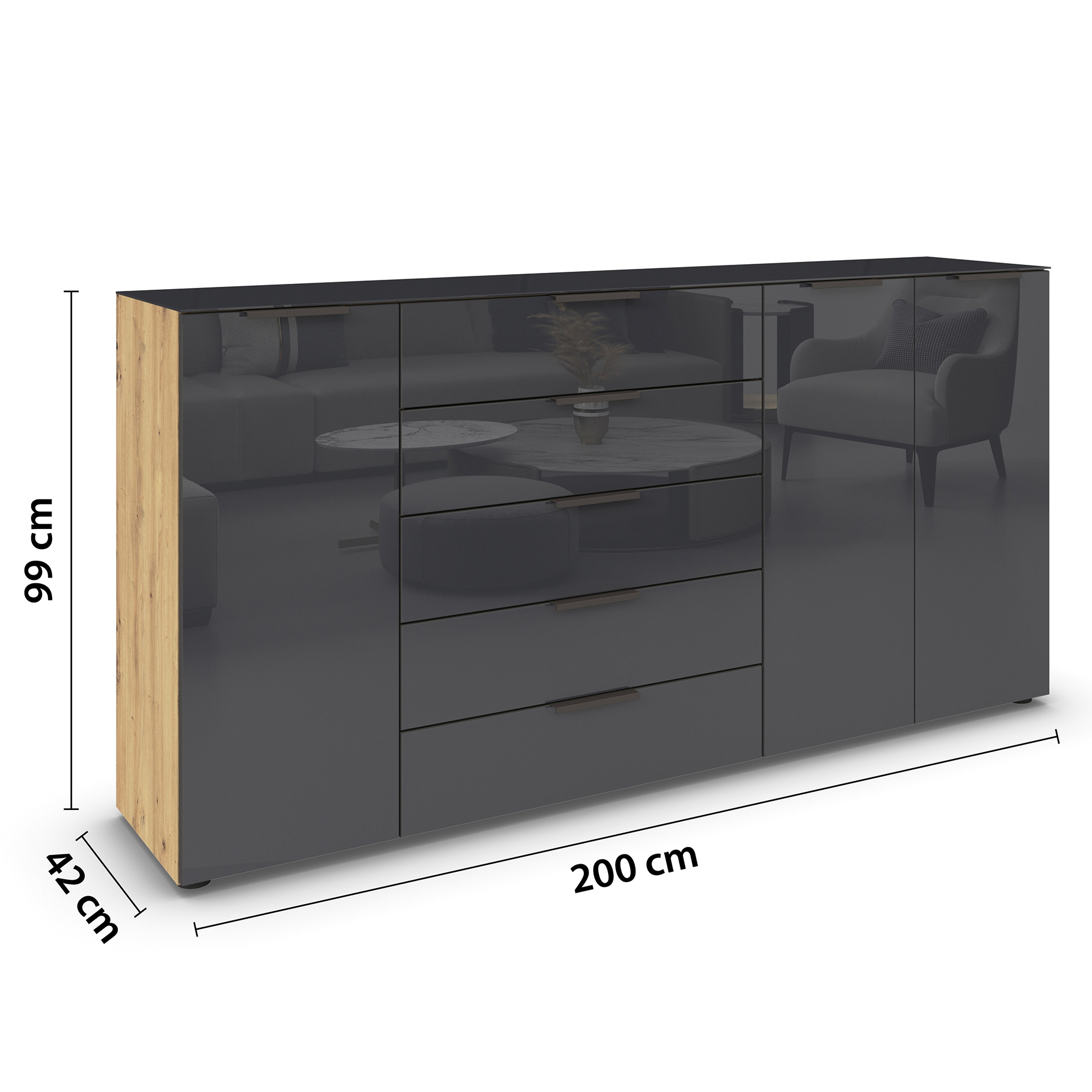 Kommode - Artisan Eiche-Basaltglas - Graphitgriffe - 199 cm