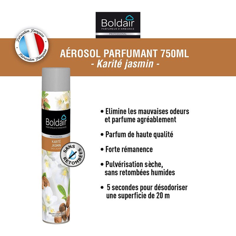 Désodorisant parfumant Boldair karité jasmin - Aérosol 750 ml