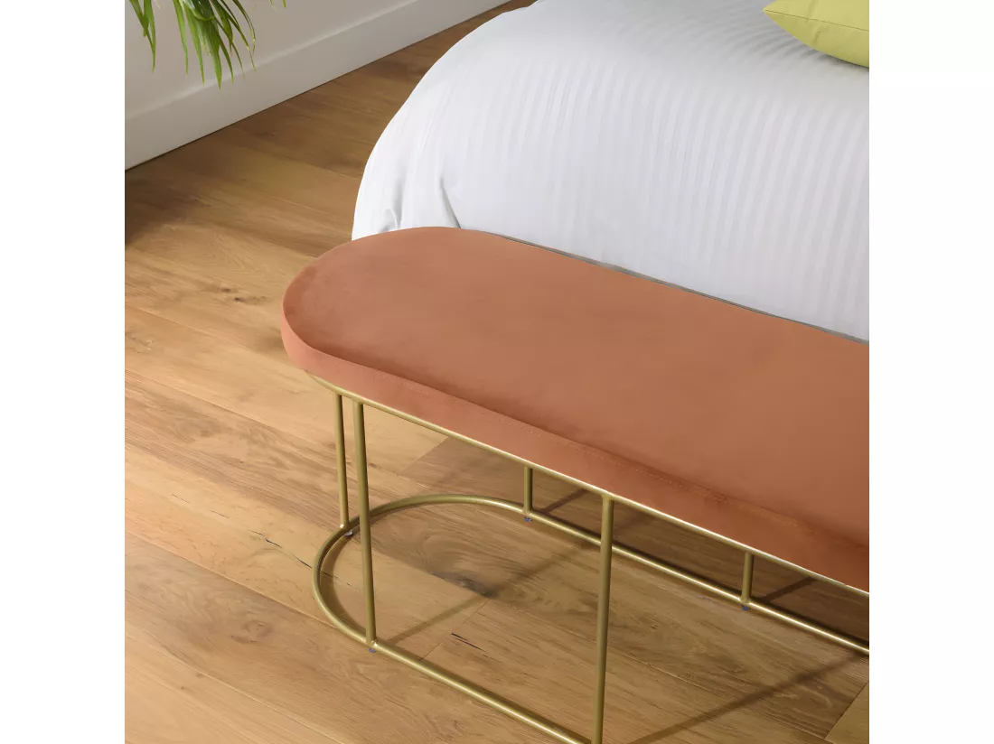 ALBANE - Banc velours orange pieds arrondis métal doré