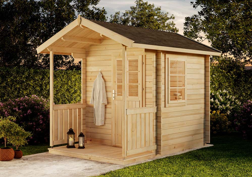 FinnTherm Niklas Tuinsauna met 2 houten banken, 40 mm dikke wanden, buitensauna, natuurlijke afwerking, 2,2 x 2,2 m