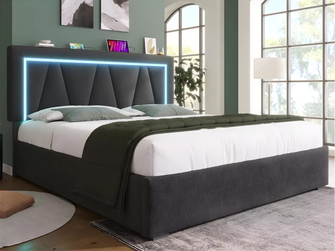 Lit coffre rembourré 140x200cm avec LED et Port de charge USB et Type-C - Tissu en Lin - sommier à lattes - Gris
