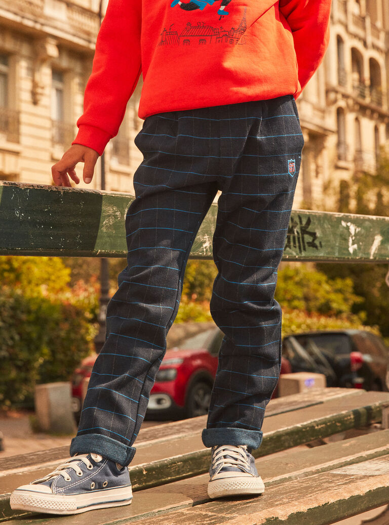 Pantalon bleu marine à imprimé à carreaux