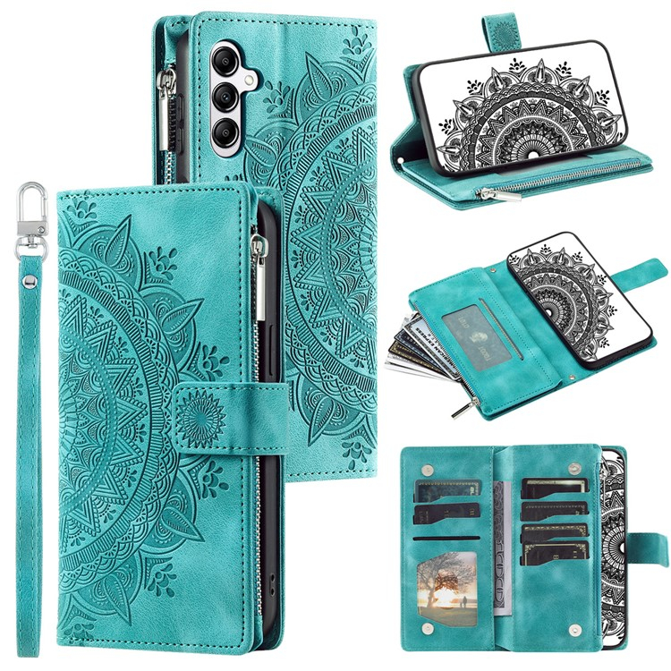 Samsung Galaxy A56 Leder Tasche Flip Cover mit Reissverschluss - Mandala Flowers Imprint - Grün