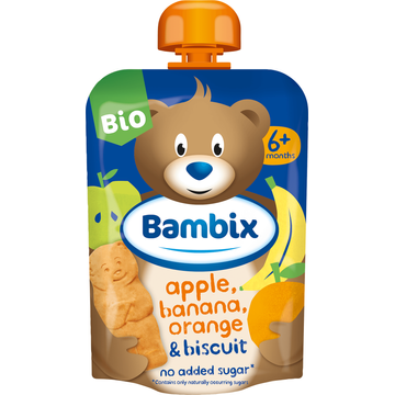 Bambix Knijpzakje Appel, Banaan, Sinaasappel & Koekjes Bio 6M+ 100g