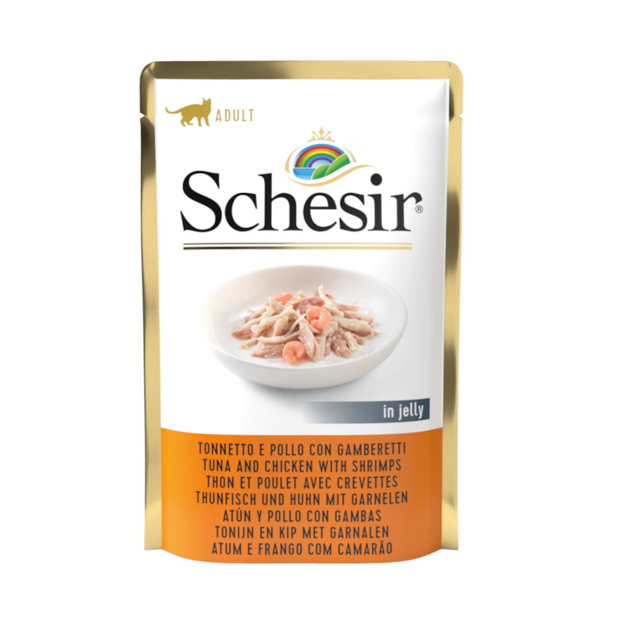 Sachê de 85g de atum com frango e camarão Schesir Adult para gatos.
