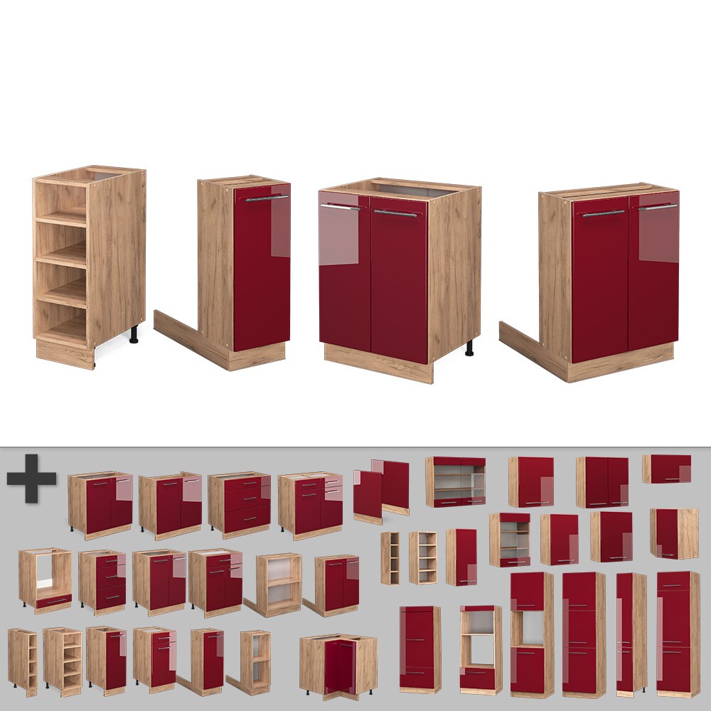 Vicco Kücheninsel Küchenblock Einbauküche Fame-Line Eiche Bordeaux Rot 90 cm modern Hochglanz Küchen Schränke Regalunterschrank Küchenunterschrank Regalinselunterschrank Softclose-Scharnier Küchenmöbel
