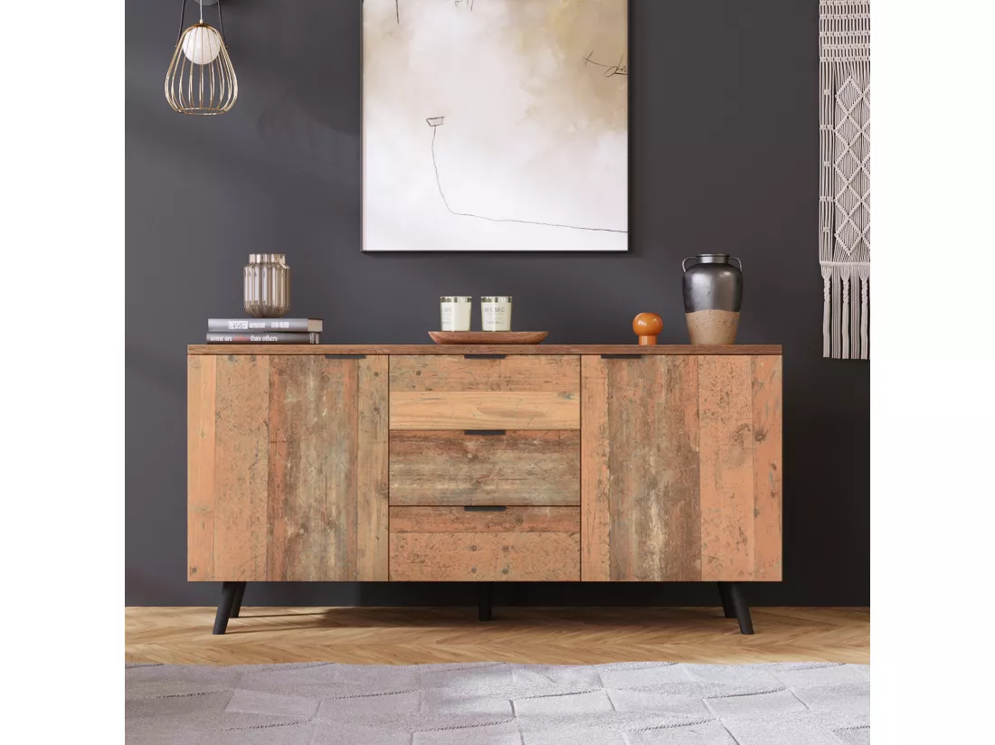 Buffet effet bois vieilli avec étagères réglables 2 portes 3 tiroirs GRANCUK