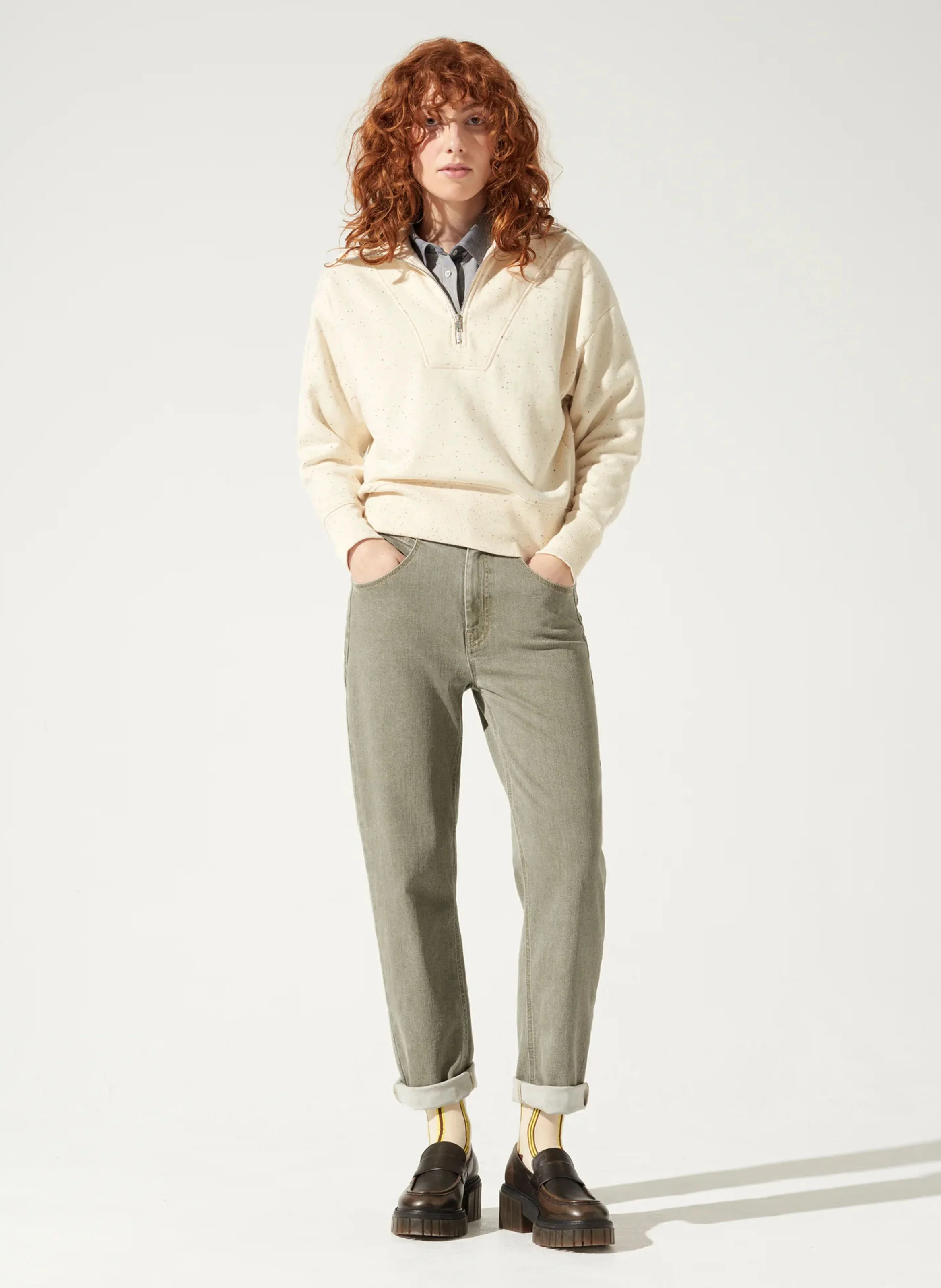 JENA - Sweat droit col camionneur en coton mélangé | Blanc