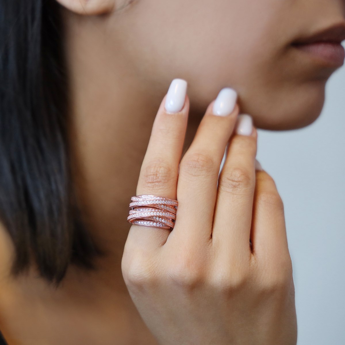 Bague Argent Rose Enlacée Anneaux Serties