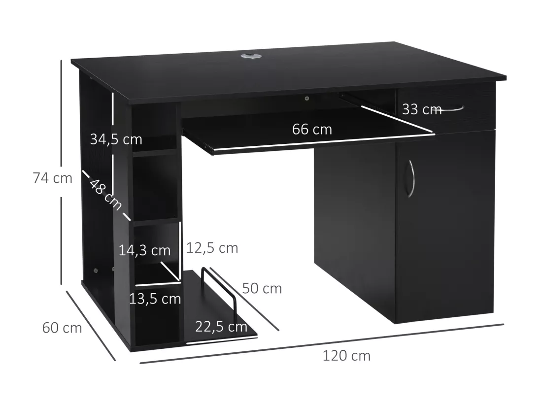 Bureau informatique multimédia multi-rangements avec étagère tiroir tablette clavier MDF 120 x 60 x 74 cm noir