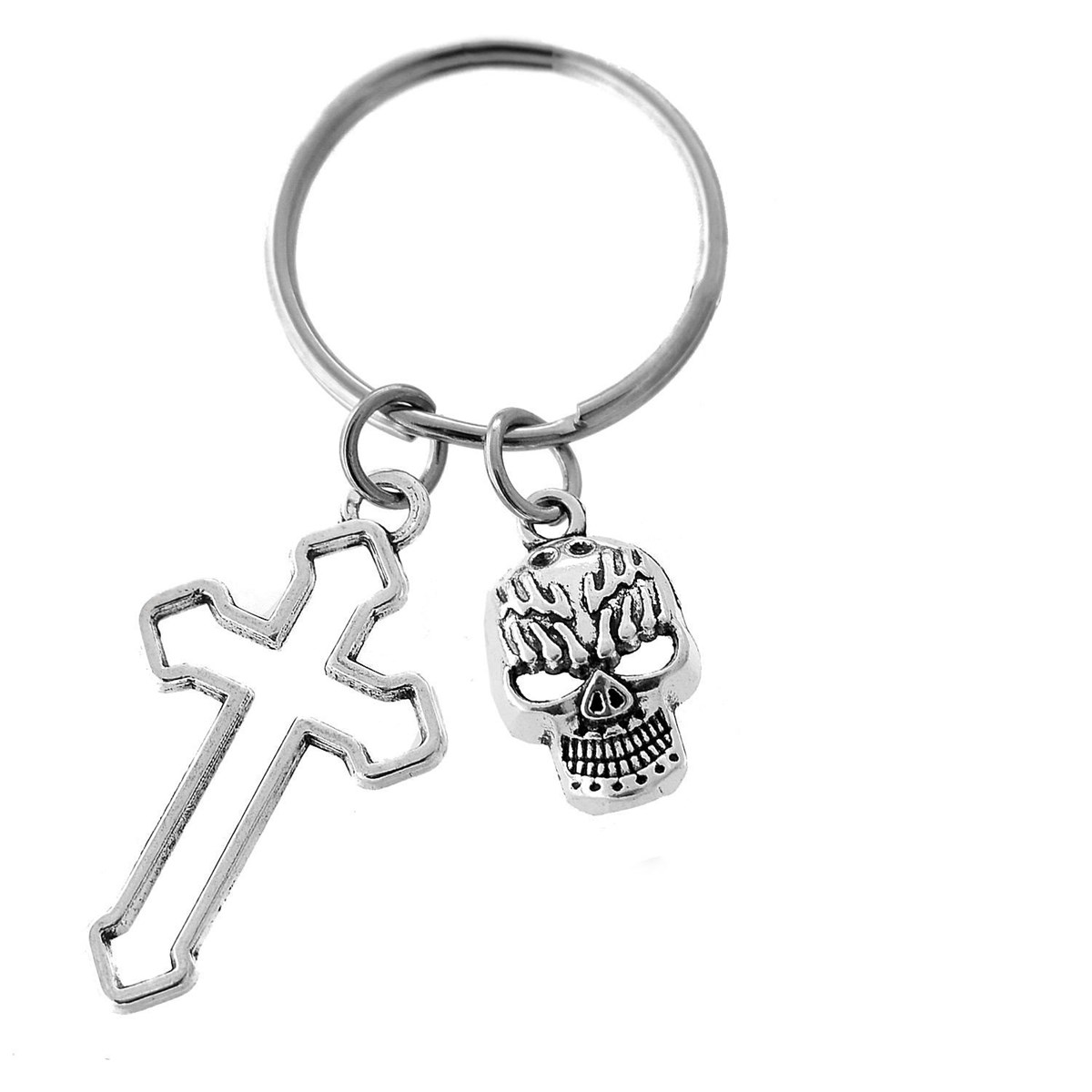 Porte-clés croix tête de mort argenté