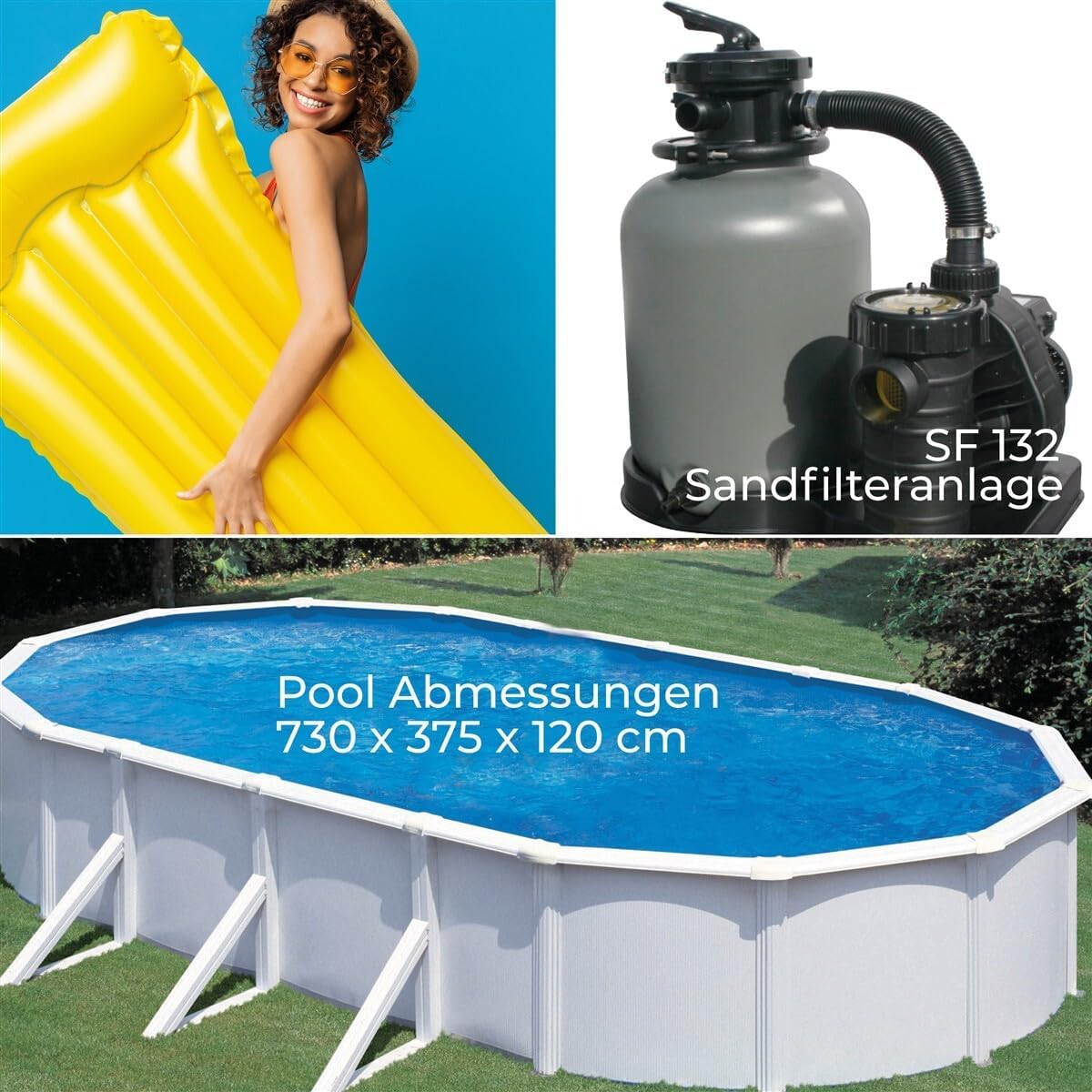 Planet Pool Premium Ovalpool-Set 7,30 x 3,75 x 1,20 m, frei aufstellbar, feuerverzinkte Stahlwand, UV-stabilisierte Innenhülle, Skimmer, Sandfilter mit 6 m³/h und 6-Wege-Ventil, Sicherheitsleiter
