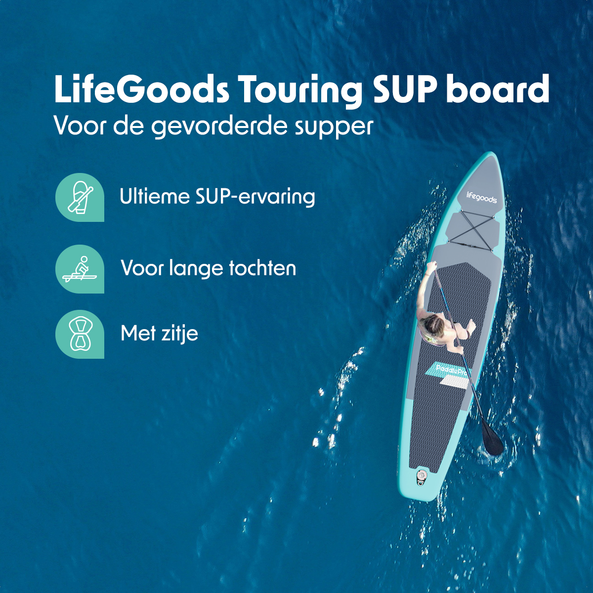 LifeGoods Touring SUP Board met zitje - Turquoise
