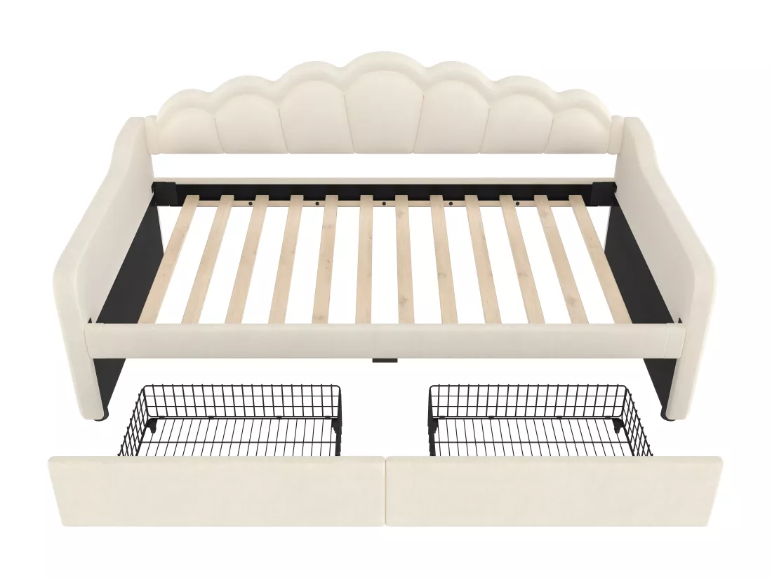 Canapé-lit 90x200 cm - avec éclairage LED - avec 2 tiroirs - velours - beige (sans matelas)