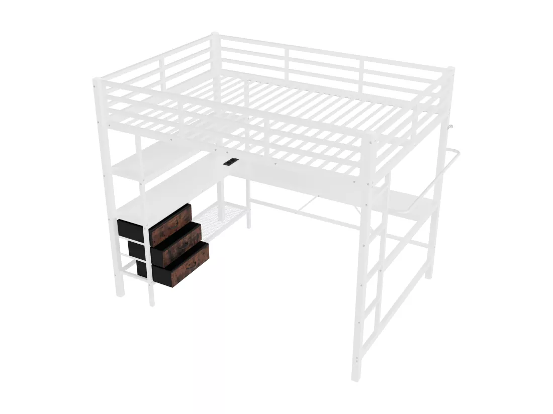 Lit mezzanine 140x200cm avec LED et prises - bureau avec 3 tiroirs et étagère - Blanc