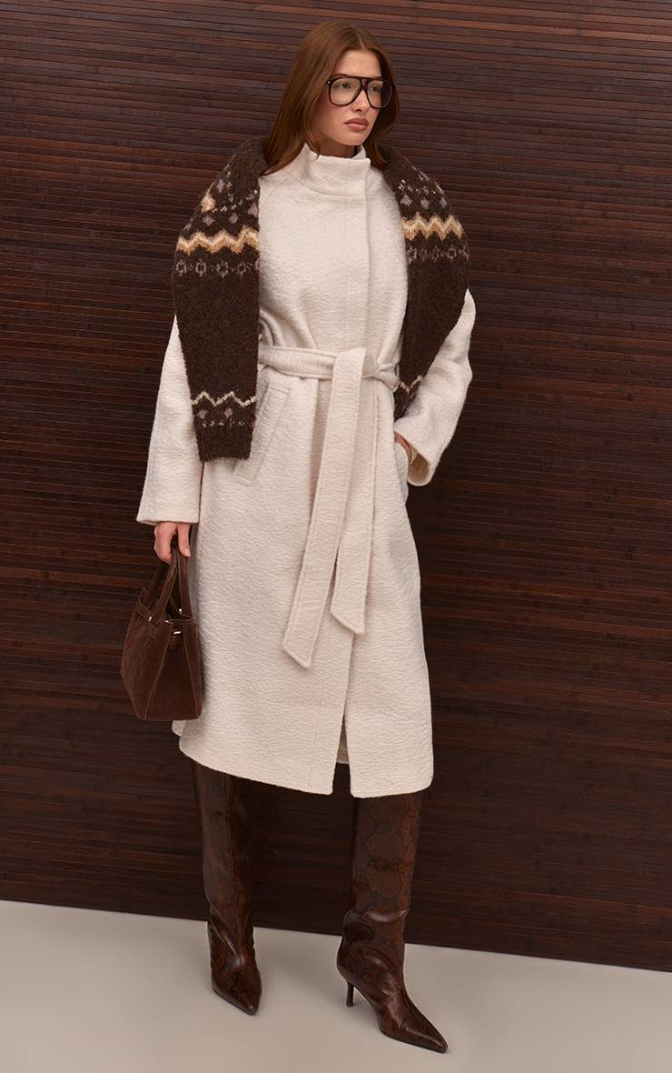 Crème Manteau Long Effet Laine Col Montant Avec Ceinture À Nouer