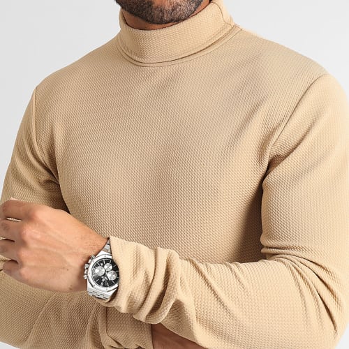 Pull Col Roulé Texturé Waffle 0537 Beige Foncé