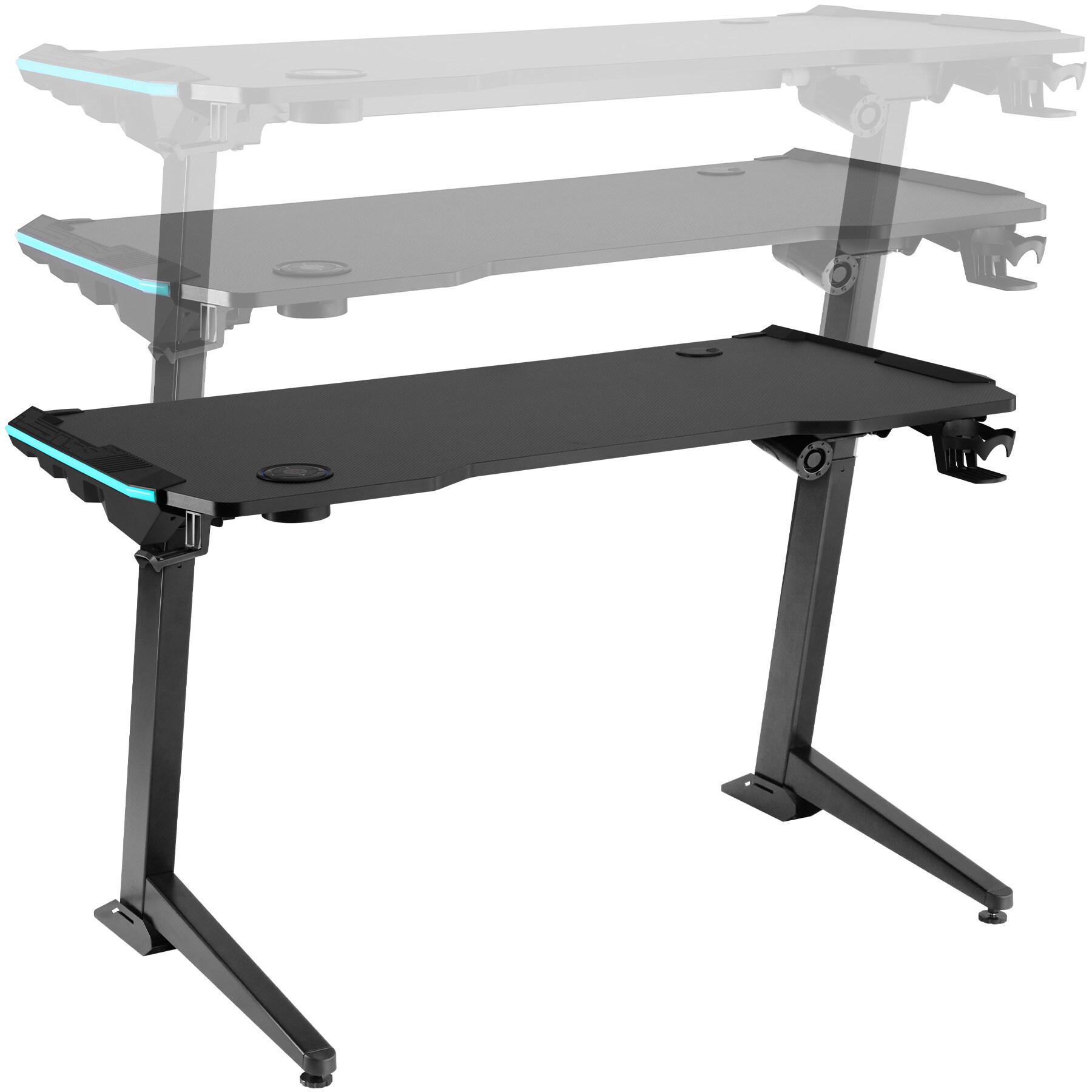 tectake® Schreibtisch, höhenverstellbar, Tischplatte in Carbon-Optik mit LED-Zierleisten, 1300 x 672 x 720 - 1210 mm
