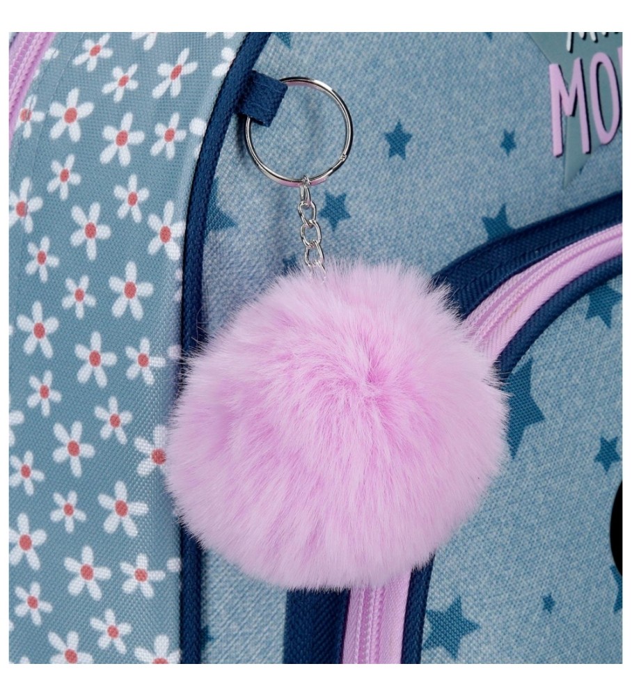 Mochila escolar estilo Minnie da Disney com rodinhas azuis, 30x40x13cm