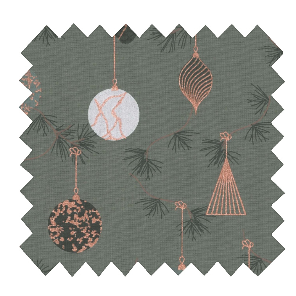 Tissu Coton Au Mètre Ex2348 Boules De Noel Cuivré Vert Gris