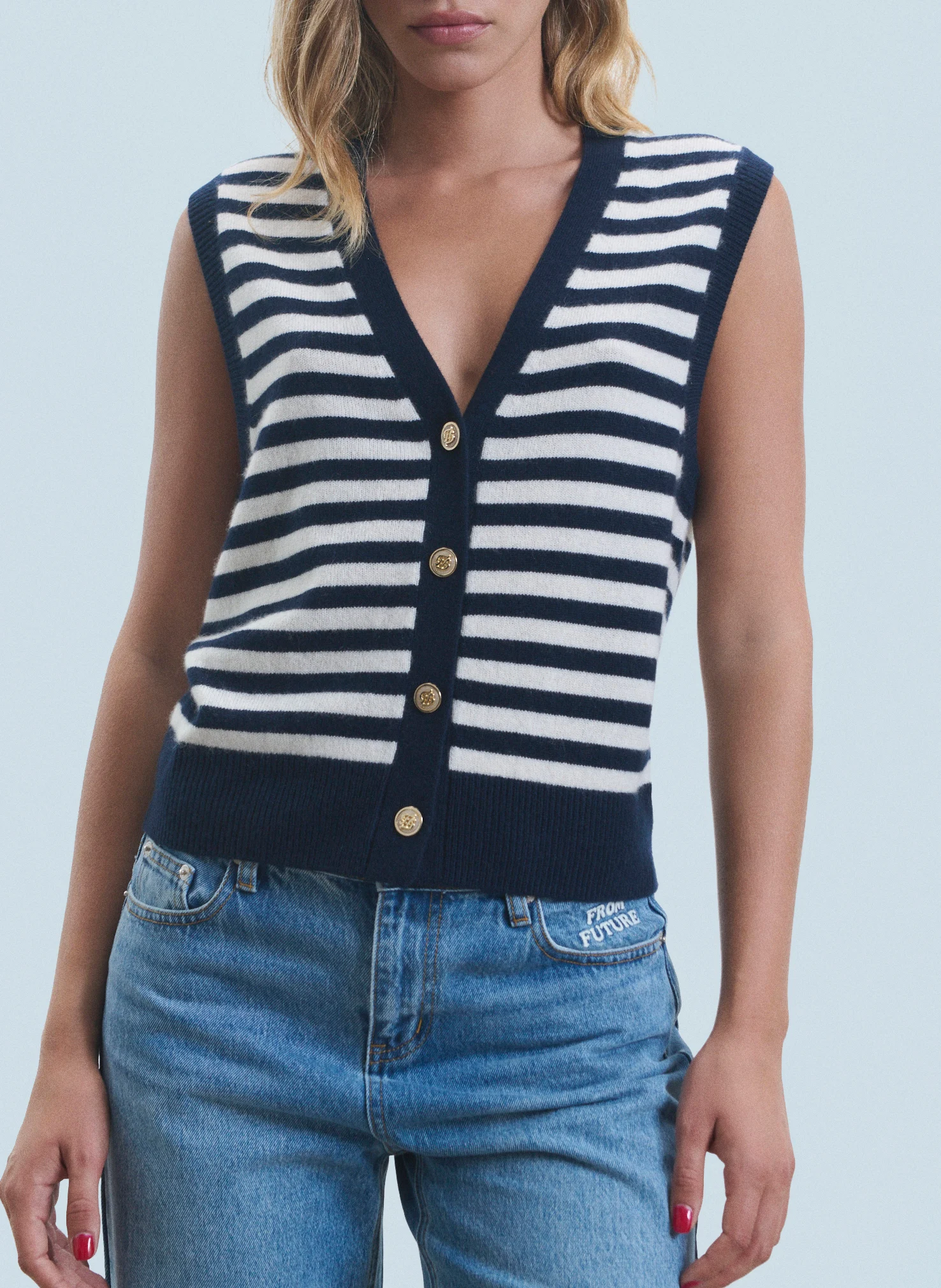 Gilet sans manche rayé en cachemire | Bleu
