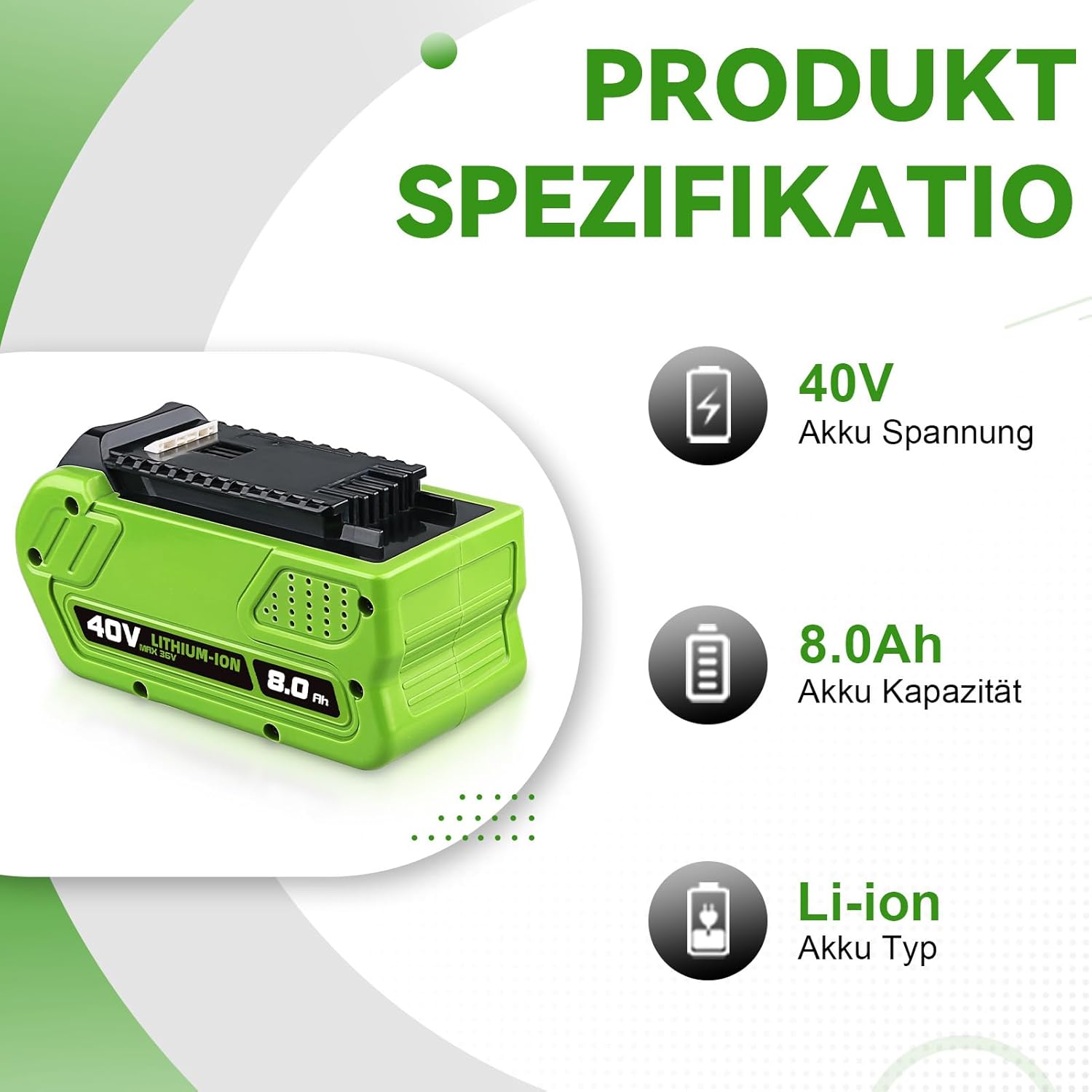 2 Stück 8,0Ah 29462 Li-Ionen Ersatz für Greenworks Akku 40V Kompatibel mit Greenworks 40V Akku 29462 29252 20202 22262 25312 25322 20642 22272 27062 21242 für Elektrowerkzeuge